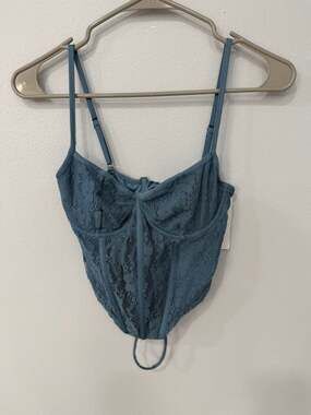 Land of the Free Dusty Blue Floral Lace Spaghetti Strap Bustier Top